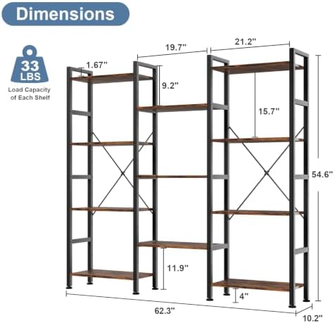 DUMOS Triple Column 4 Tier Bookshelf, Wide Industrial Bookcase, Brown