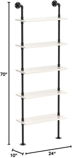 Pipe Shelves, 5 Tier Industrial Ladder Bookcase, Wall Mounted Metal Wood Rustic Bookshelf (White, 5 Tier - 10" D x 24" W x 70" H)