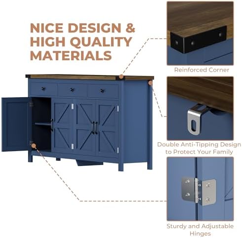 VVFLU 63" Sideboard Buffet Cabinet with Storage, Coffee Bar with 3 Drawe...