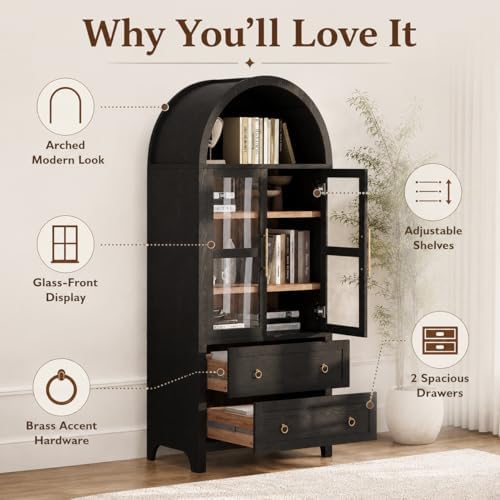 71" Tall Arched Kitchen Pantry Cabinet with Glass Doors, Modern Wood Chi...