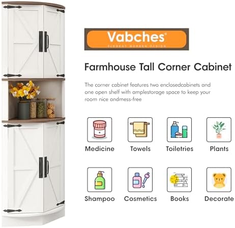 Vabches 64.8" Tall Farmhouse Corner Cabinet with 4 Doors and 5 Storage S...