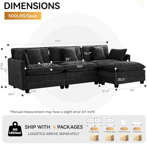111'' Sectional Cloud Deep Seat Couch, Modern Comfy Chenille L Shaped...