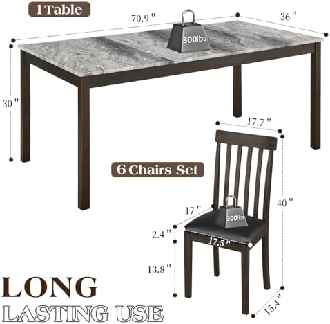 LUXOAK 7-Piece Wood Dining Table Set with Faux Marble Tabletop, Dark Brown