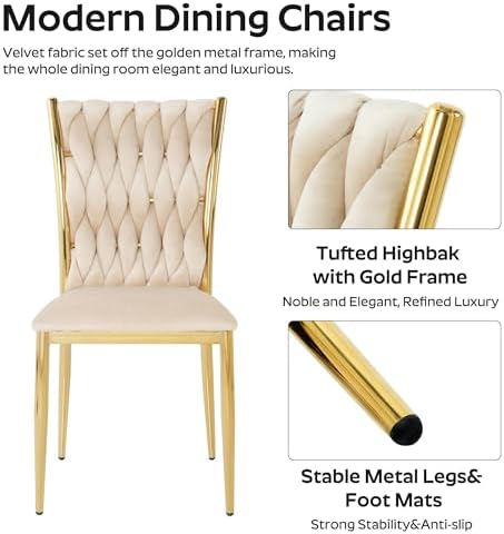 Modern Dining Chairs Set of 4, Beige Velvet Woven Kitchen Chair with Golden M...