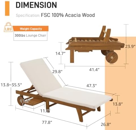 Patiorama Patio Acacia Wood Chaise Lounge Set of 2, Pull-Out Table, Cream