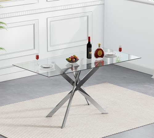 SSLine Modern 5-Piece Silver Glass Dining Table Set for 4 Luxury Rectangle Gl...