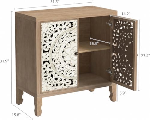 Solid Wood Buffet Cabinet, Accent Cabinet, 2 Carved Doors, White