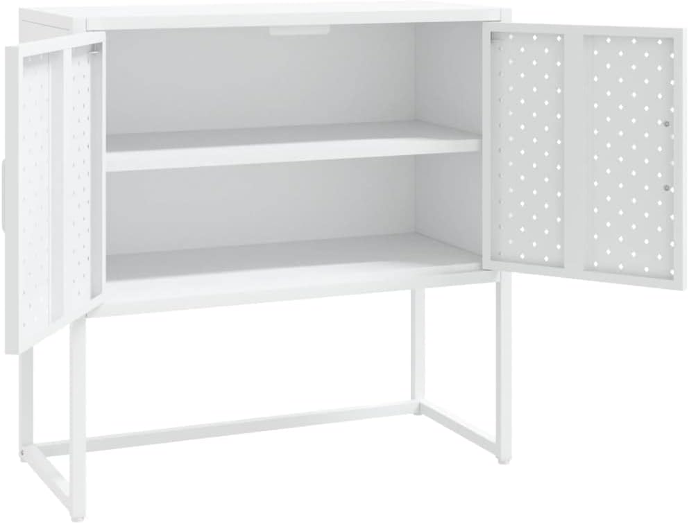 White Steel Sideboard with Adjustable Levelers, Modern Rectangular Storage Ca...