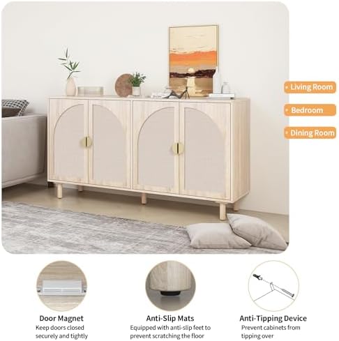 Sideboard Buffet Cabinet with Storage - Rattan 4 Door Cabinet, Accent Storage...
