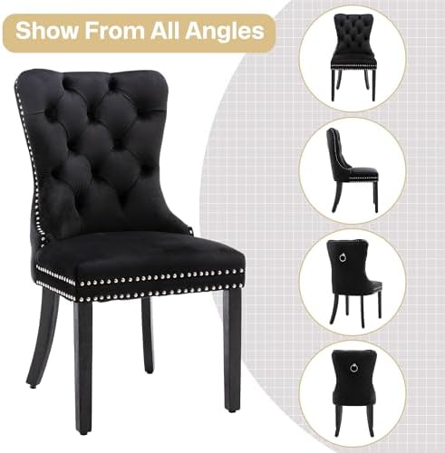 Velvet Dining Chairs Set of 6 with Wood Legs and Pull Ring, Black