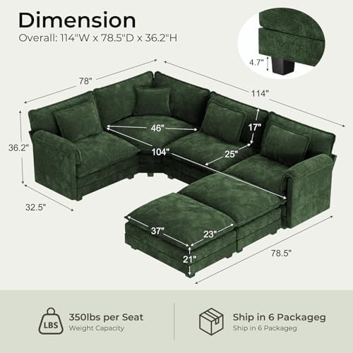 ELUCHANG 114" Oversized Modular Sectional Sofa, Comfy Chenille Cloud Cou...