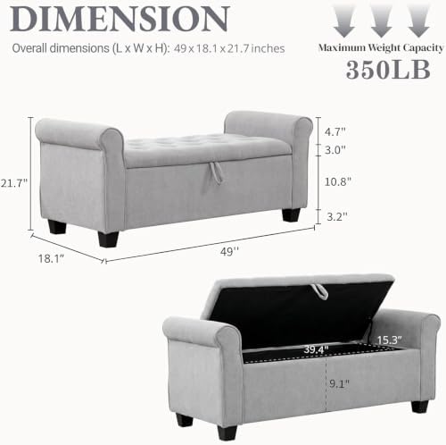 49" End of Bed Storage Bench for Bedroom, Upholstered Storage Ottoman | ...