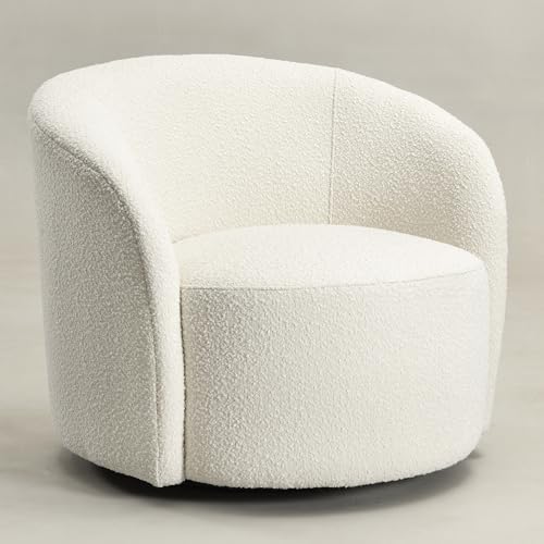 KINWELL 34" W Mid Century Modern Boucle Swivel Barrel Chair, Cream