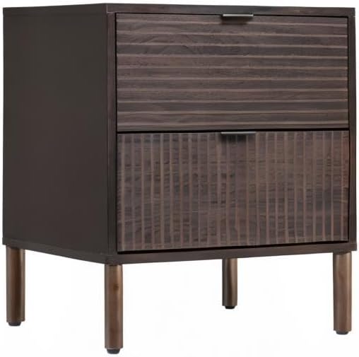 Sango Merk 2-Drawer Nightstand, Modern Walnut Bedside Table with Cylindrical Wood Legs, Vertical & Horizontal Groove Patterns, Discreet Metal Finger Pulls, Smart Storage for Office or Living Room
