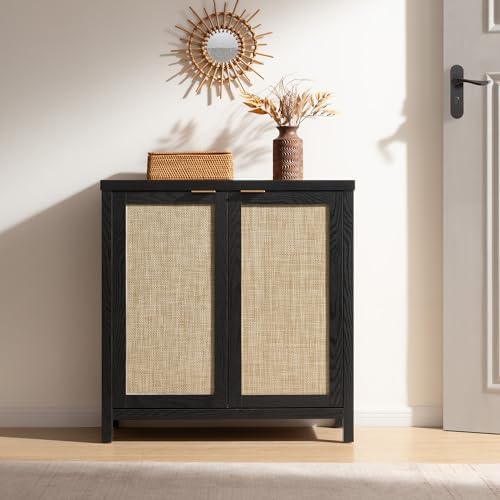 SICOTAS Rattan Black Sideboard Buffet Storage Cabinet with Large Storage