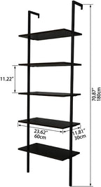 5-Tier wall Mounted Bookshelf, Ladder Shelves, Metal Frame & Wood Board, Decorative Shelving, Narrow Ladder Bookcase, Open Storage, Mordern Leaning Bookshelf for Bedroom, Living Room, Office, Black