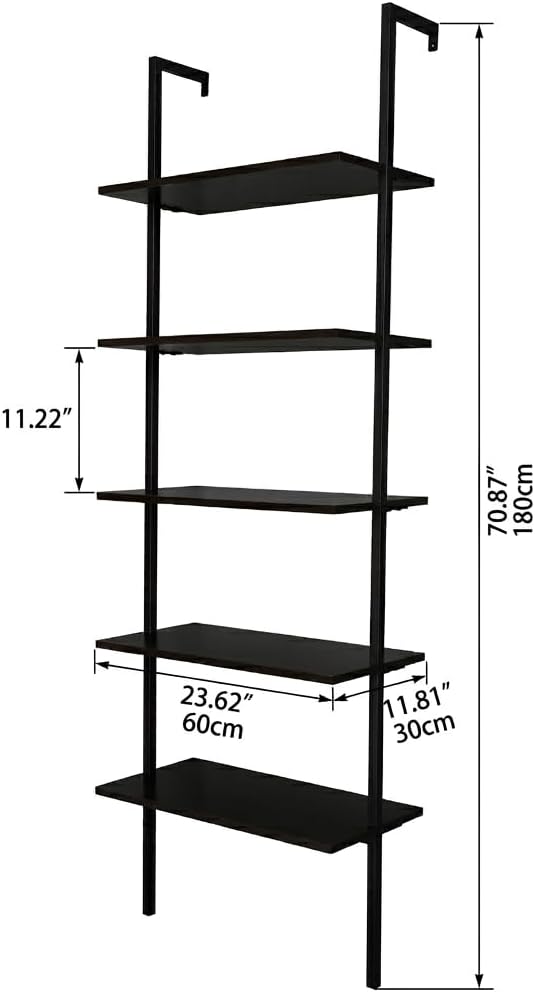 5-Tier wall Mounted Bookshelf, Ladder Shelves, Metal Frame & Wood Board, Decorative Shelving, Narrow Ladder Bookcase, Open Storage, Mordern Leaning Bookshelf for Bedroom, Living Room, Office, Black
