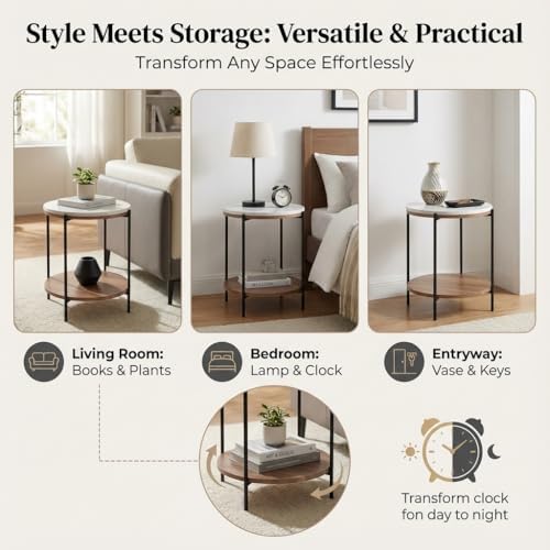 Lyra Round Marble End Table – Solid Acacia Wood Shelf, Open Storage Side Tabl...