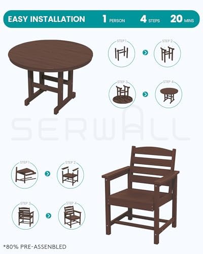SERWALL 5-Piece HDPE Round Dining Set, 45" Table, 4 Chairs, Coffee