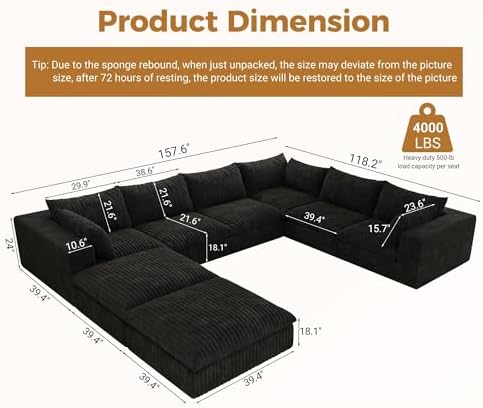 157.6" Corduroy U Shaped Modular Sectional Couch, Black | 8 Seater Overs...