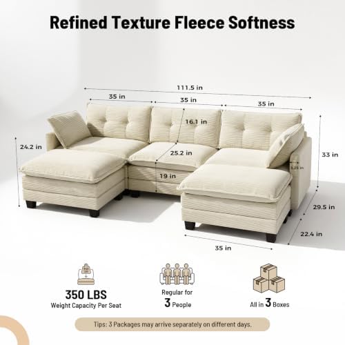 Amsleekey 111.5" U Shaped Modular Sectional Sofa, Beige Corduroy | Cloud...