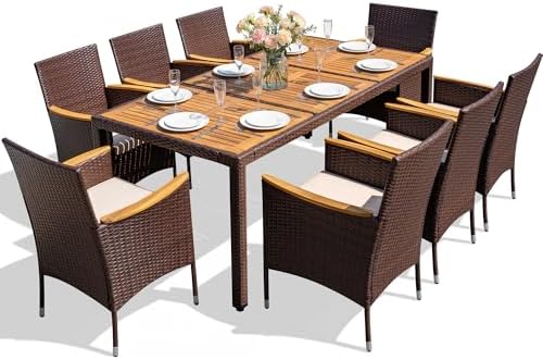 Devoko 9 PCS Acacia Wood Patio Dining Set, Brown Rattan