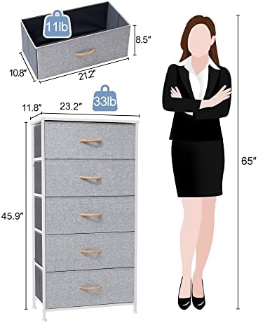 Tall Dresser, Wide Vertical Fabric Storage Organizer, 5 Drawer (Light Gray) | Sturdy Steel Frame, Wood Top and Easy Pull Handle, Space-saving Organizer for Clothes, Bedroom, Hallway, Entryway, Closets