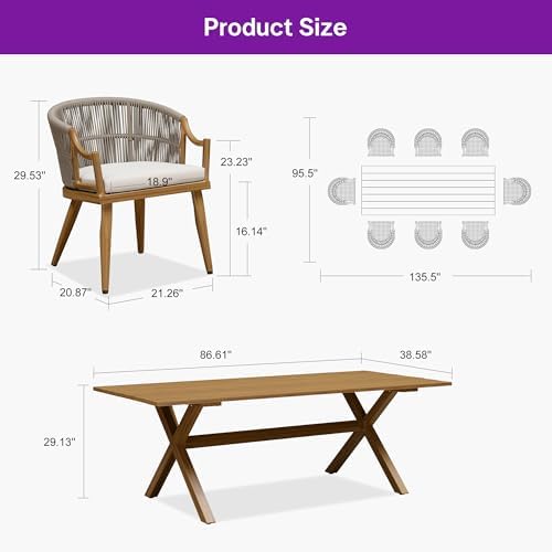 PURPLE LEAF Outdoor Dining Set for 8 Aluminum Table Set w/Cushions, Teak