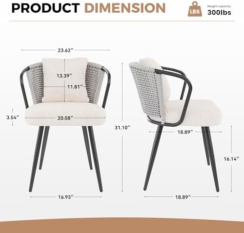 Rattan Dining Chairs Set of 4, Modern Upholstered Kitchen Chair with Metal Le...