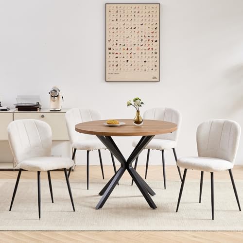 Round Dining Table Set for Kitchen Apartment | 4 chenille chairs, Wood grain ...