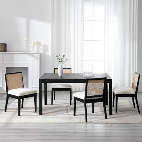 Rattan Dining Chairs Set of 2, Farmhouse Boucle Kitchen Chairs with Cane Back, Upholstered Sherpa Dining Room Chairs Comfy Side Wood Chair for Living Room/Restaurant, Black Sherpa