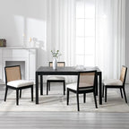 Rattan Dining Chairs Set of 2, Farmhouse Boucle Kitchen Chairs with Cane Back, Upholstered Sherpa Dining Room Chairs Comfy Side Wood Chair for Living Room/Restaurant, Black Sherpa