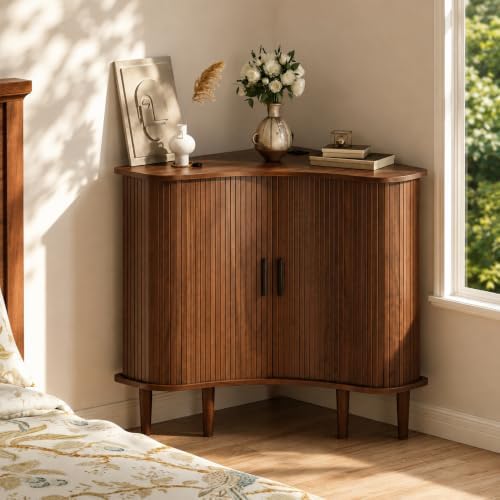 wanan Wood Fluted Corner Cabinet with Built-in Outlets, Triangle Storage Cabi...