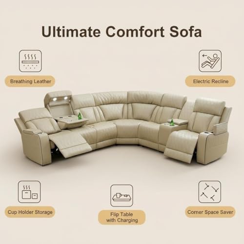 Breathing Leather Reclining Sofa Set,Power Recliner Sectional Couch with LED ...
