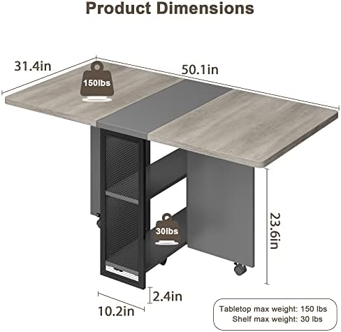 IDEALHOUSE FoldingTable, Drop Leaf Dining Table with 6 Wheels and 2-Layer Sto...