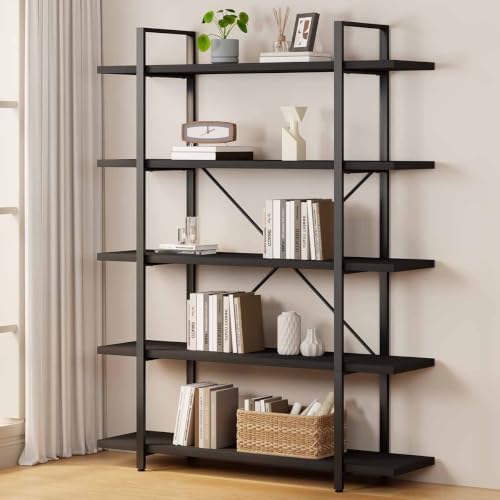 HSH 5 Tier Black Bookshelf, Modern Tall Bookcase with Storage for Office