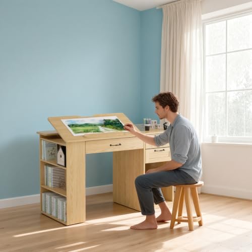 Drafting Table with Storage Cabinet & Drawers, Adjustable Drawing Desk wi...