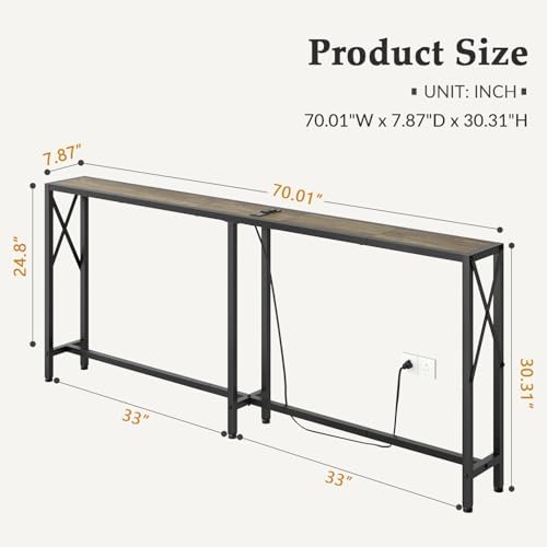 Gewudraw 70" Sofa Table Behind Couch with Socket-Narrow Console Table | ...