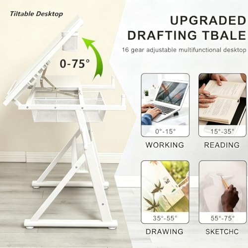 Drafting Desk w/Stool & Storage, Glass Art Table for Artists,White