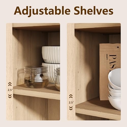 Keehusux Rattan Storage Cabinet with 3 Doors and Drawer, Natural Oak