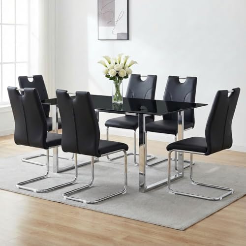 Black Dining Chairs Set of 6, Modern Faux Leather Upholstered Chairs | High B...