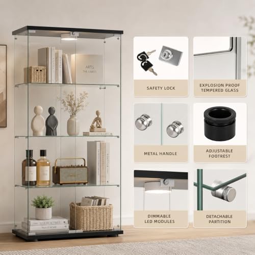 Glass Display Cabinet 4-Shelf 2 Doors with LED Push Light Lockable Glass Disp...