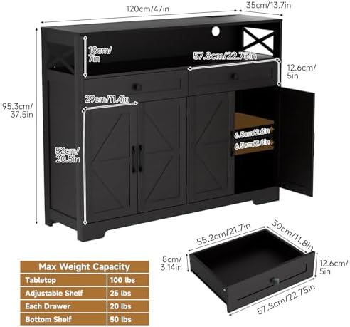 Lahomie 47" Sideboard Buffet Storage Cabinet, Coffee Bar Cabinet,Dark Brown