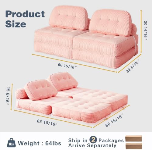 Folding Sofa Bed, Flannel Futon Couch Bed with Pillow and Blanket, Convertibl...