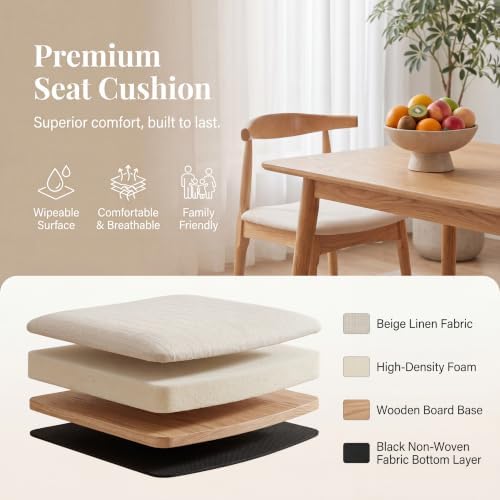 ROCITY Wood Dining Chairs Set of 4 Fabric Kitchen Chairs with Linen Cushion a...