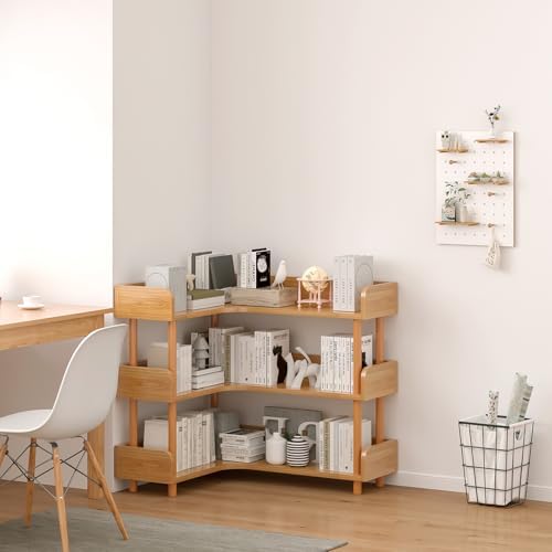OSCHF 3-Tier Reversible Corner Bookshelf, L-Shaped Shelf, Oak