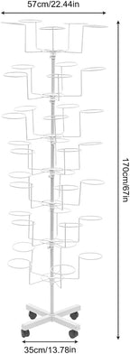 7-Tier Rotating Iron Hat Rack with Wheels & Brakes, Heavy Duty 35-Hat Organizer for Home/Store, Black Modern Free Standing Wig Display Stand, 11lbs Capacity (White)