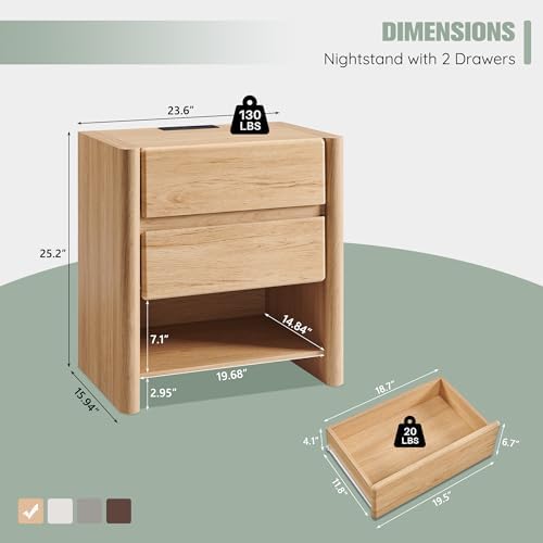 25" Tall Modern Nightstand Set of 2, 2 Storage Drawers (Natural)