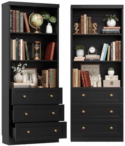 Cyclysio 80" Bookshelf with 3 Drawers and Baseboard Cutout, Set of 2