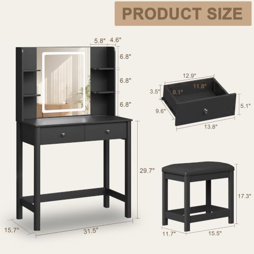 Vanity Desk with LED Mirror, 3 Lighting Modes and Chair
